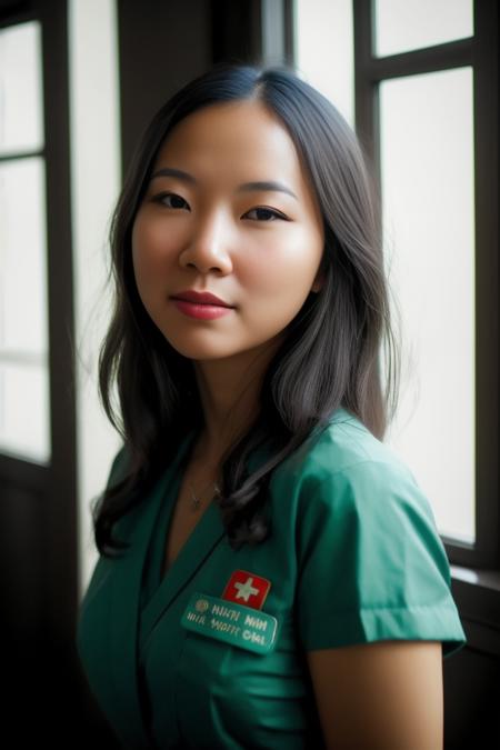 A stunning intricate full color portrait of a beautiful vietnamese women, wearing a nurse uniform, in modern hospital, having fun, epic character composition,by ilya kuvshinov, alessio albi, nina masic,sharp focus, natural lighting, subsurface scattering, f2, 35mm, film grain, half body shot   <lora:LunaO:1>