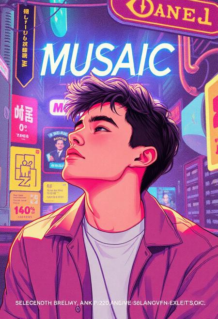 high quality design aesthetics, synth pop, nostalgic,  detailed, synth pop album cover, dynamic, colourful, uptempo track, melancholic, young white man, artist name "MUSAIC",  melancholic, album title "Pretending Everything's Okay"