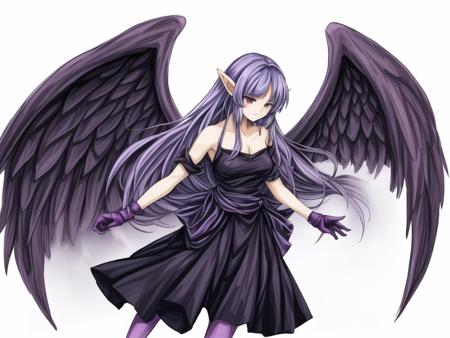 Night Wing Sorceress,1girl,purple hair,purple eyes, pointy ears, tsurime, black dress,pantyhose, sleeveless, fingerless gloves,waist ribbon,feathered wings, long dress,