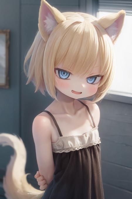 animal girl,
solo,
arms behind back,
short hair,animal hair,blonde hair,dog ears,
blue eyes,half-closed eyes,
open mouth, smirk,
camisole,