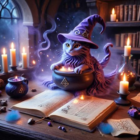 (GrubCat),  (sandswirl), (close-up shot), (cat sitting on a cluttered wizard’s desk), (wearing a slightly oversized wizard hat), (mystical artifacts scattered around), (glowing runes on parchment), (open spellbook with arcane symbols), (floating candles casting eerie light), (bubbling potion in glass flask), (faint magical aura in the air), (mystical blue and purple lighting), (dusty, ancient tomes stacked nearby), (soft shadows and warm candle glow), (smoke swirling from a tiny cauldron), (enchanted atmosphere), (whimsical, magical setting).