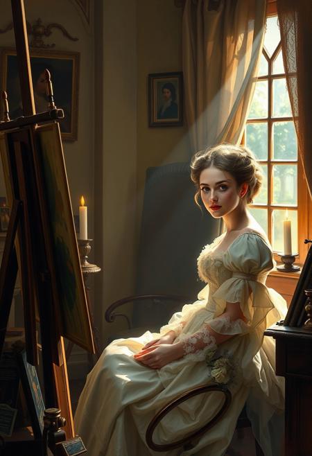 A dreamy, nostalgic moment in a quiet artist’s studio, where the play of light enhances the scene’s warmth, and every small detail—from the brushes to the sitter’s expression—feels alive with depth and personality. warm nostalgic realism, richly detailed genre scene, soft luminous portraiture, delicate aristocratic elegance, refined historical attire, painterly textures with impressionistic warmth, storytelling atmosphere, candlelit interiors or golden sunlight