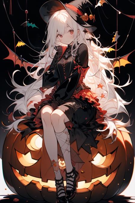 masterpiece, best quality, high quality, 4k, <lora:halloween-08:0.8>1girl,halloween costume,bat,Glowing Pumpkin,long hair, white hair, yellow eyes, Witch Hat <lora:Colorful portraits_20230715165729-000018:0.6>