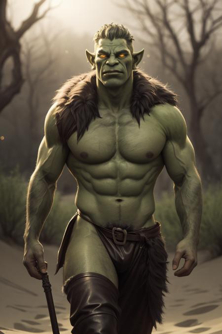 photo of muscular (green skinned orc) in a worn ((skin-revealing skimpy erotic orcish outfit, leather, fur, massive pecs)), big pecs, big arms, large bulge, ((light bokeh)), intricate, elegant, erotic, exuding sexual energy, homoerotic, sharp focus, photo by greg rutkowski, soft lighting, vibrant colors, (masterpiece), ((desert)), (detailed face), looking at viewer, walking towards viewer, green hands,