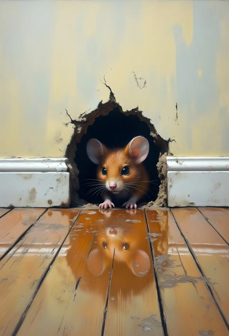 n1t3_du5t, Create a 3D illusion of a mouse hole in the baseboard with a painted mouse peeking out