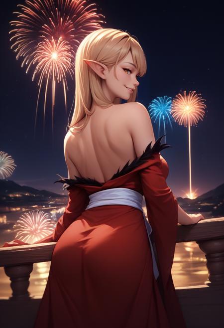 kiss-shot red dress, white gloves, elbow gloves, bare shoulders, cleavage