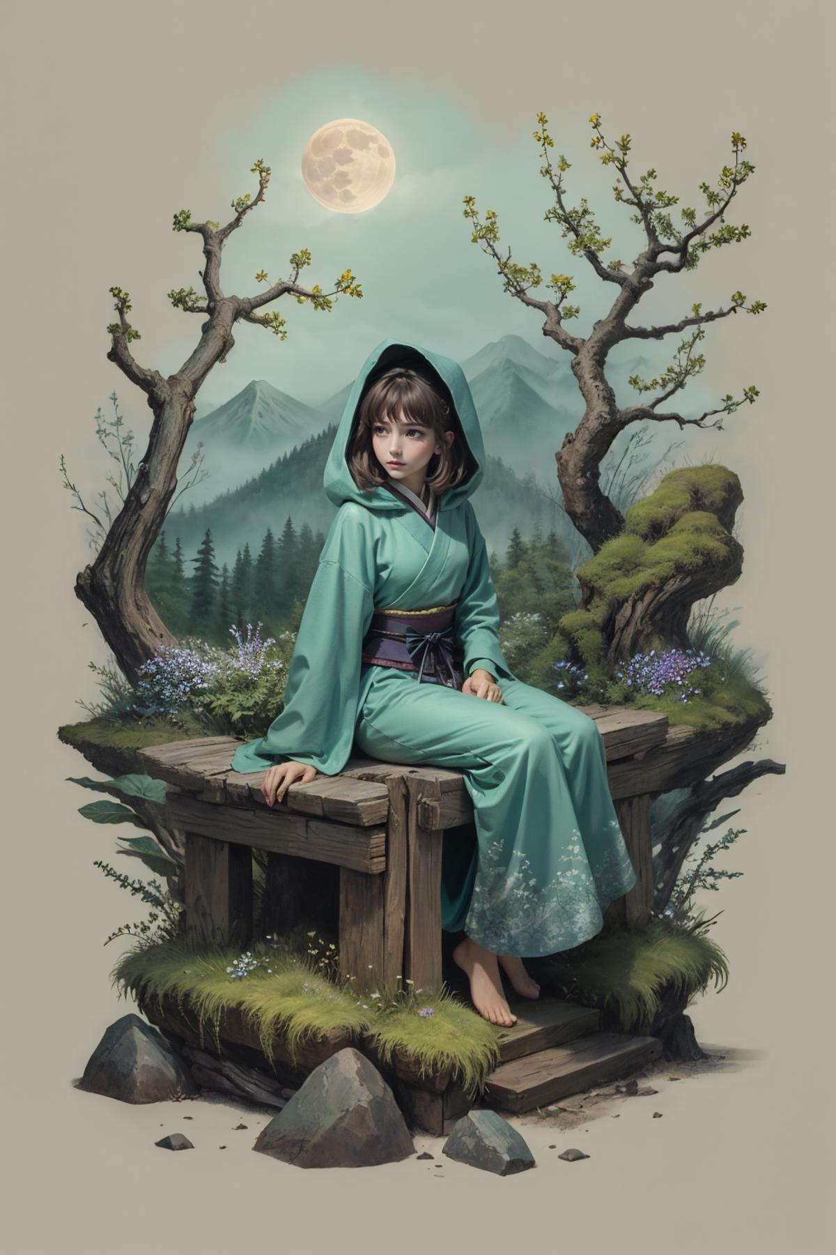 A woman wearing a green kimono sitting on a wooden bench.