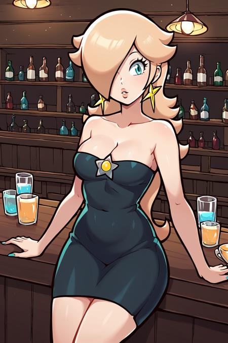 rosalina, 1girl, solo, dress, crown, blue eyes, star earrings