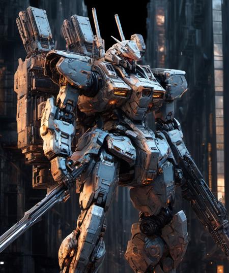(RRS:1.2), best quality, masterpiece, ultra-detailed, mecha robot, (ultra-detailed mecha armor), full armor, (very large size mecha:1.5), (city:1.5), glowing eyes, (full body:1.2), (mechanical parts:1), (robot joints:1), (military parts:1.5), (heroic parts:0.1), cable, (battle-ready:1.2),(powerful stance:1.3),(Detailed eye description:1.2),(huge mechanical weapon:1.2), (detailed weapon description:1.2), (holding weapon and weapon :1.5),
(cityscape:1.3), skycraper, buildings,
 , <lora:srdxl_v1_5g:0.8>, more realistic photo of ~*~  , ,8k resolution, concept art, by Greg Rutkowski, Artgerm, by WLOP, by Alphonse Mucha, dynamic lighting, hyperdetailed, intricately detailed, Splash art, trending on Artstation, triadic colors, Unreal Engine 5, volumetric lighting, sinister by Greg Rutkowski, horror by Gustave Doré, pastel colors~*~, (masterpiece, best quality:1.5), high resolution face, Anti-Aliasing, FXAA, De-Noise, Post-Production, SFX, insanely detailed & intricate, hypermaximalist, elegant, ornate, hyper realistic, super detailed, noir coloration, serene, 16k resolution, full body, watercolor, oil pastel, abstract stylized illustration, cinematic light, approaching perfection, luminism, highly detailed, sharp focus, 8k,masterpiece,fine detail, simple block background, 
Art by Peter Draws, Carne Griffiths and Wadim Kashin, Yoji Shinkawa, Brian Froud, John William Waterhouse,