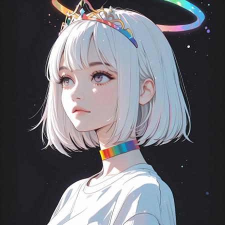 Semireal, semirealistic, masterpiece, best quality, absurdes, simple black background, rainbow side lighting, close up, from side, cel shading:1.3, western art /(style/), (straight on), 1girl, looking to the side, rainbow halo, bob cut, white hair, tiara, rainbow choker, white tshirt
