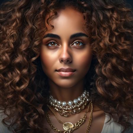 <lora:gaiascodellaro_xl_lora:1> gaiascodellaro Realistic 8K portrait: A young Smiling (brown skin) brunette, bright brown eyes, wind-blown long hair, pearl necklace; dramatic lighting, cinematic colors; hyper-above