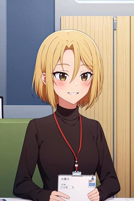 (exceptional, best aesthetic, new, newest, best quality, masterpiece, extremely detailed), <lora:Chinatsu:0.6>,Chinatsu, 1girl, blonde hair, solo, short hair, brown eyes, upper body, indoors, lanyard, id card, hair between eyes, bangs, sweater, blush, long sleeves, turtleneck, smile