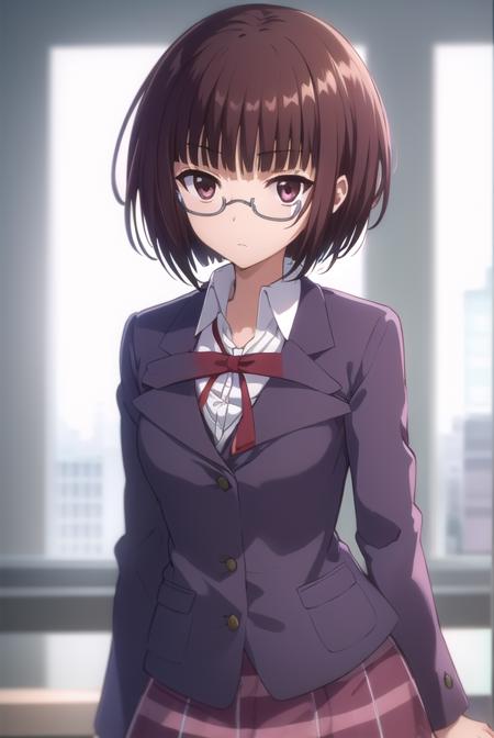 lunaminase, <lora:luna minase s2-lora-nochekaiser:1>,
luna minase, short hair, brown hair, (brown eyes:1.5), glasses, bob cut, under-rim eyewear,
BREAK skirt, school uniform, plaid, plaid skirt, shirt, white shirt, collared shirt, jacket, long sleeves, black jacket,
BREAK indoors, classroom,
BREAK looking at viewer, (cowboy shot:1.5),
BREAK <lyco:GoodHands-beta2:1>, (masterpiece:1.2), best quality, high resolution, unity 8k wallpaper, (illustration:0.8), (beautiful detailed eyes:1.6), extremely detailed face, perfect lighting, extremely detailed CG, (perfect hands, perfect anatomy),