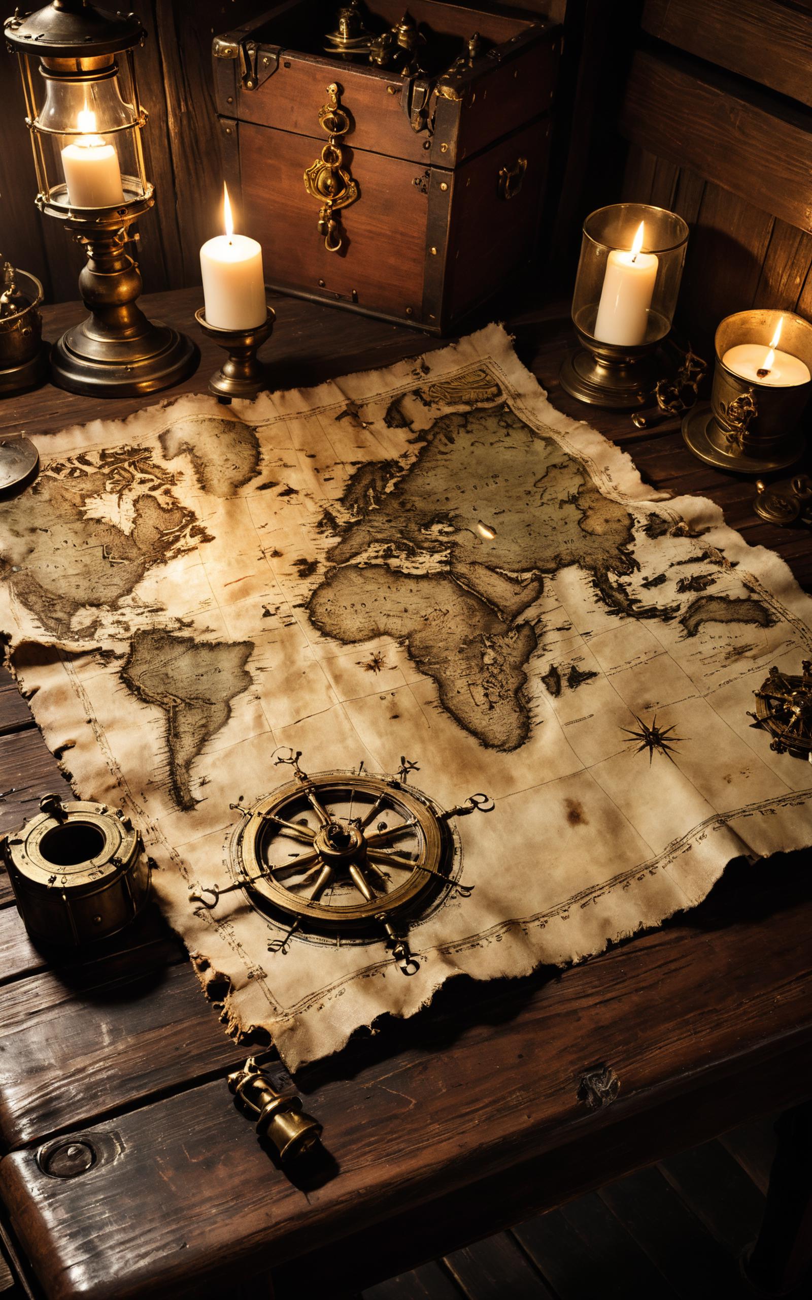 An antique map of the world with a compass on it, sitting on a wooden table surrounded by candles.