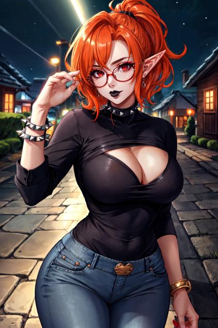 (masterpiece:1.2, best quality:1.2, beautiful, high quality, highres:1.1, aesthetic), detailed, soft lighting, perfect eyes, perfect face, perfect lighting, perfect hands , perfect fingers,
mature female,  1girl, milf, elf , elf ears, ((orange hair)), short hair , ponytail,  black ribbon, lipstick , black lips, (red eyes:1.4), ((glasses)), eyelashes, makeup,
black  collar, medium breasts, curvy, voluptuous, thick thighs, cleavage ,(wearing a tight black shirt:1.2), (wearing tight blue jeans:1.1), spiked bracelet , bracelet with spikes, earings,  high heels,
looking at viewer  cowboy pose, dark fantasy ,outdoors, quiet street , night, night sky,  <lora:milfication:0.7> ,  <lora:envybetterhandsLocon_beta2:1>, <lora:add_detail:0.4>, <lora:GoodHands-beta2:1>