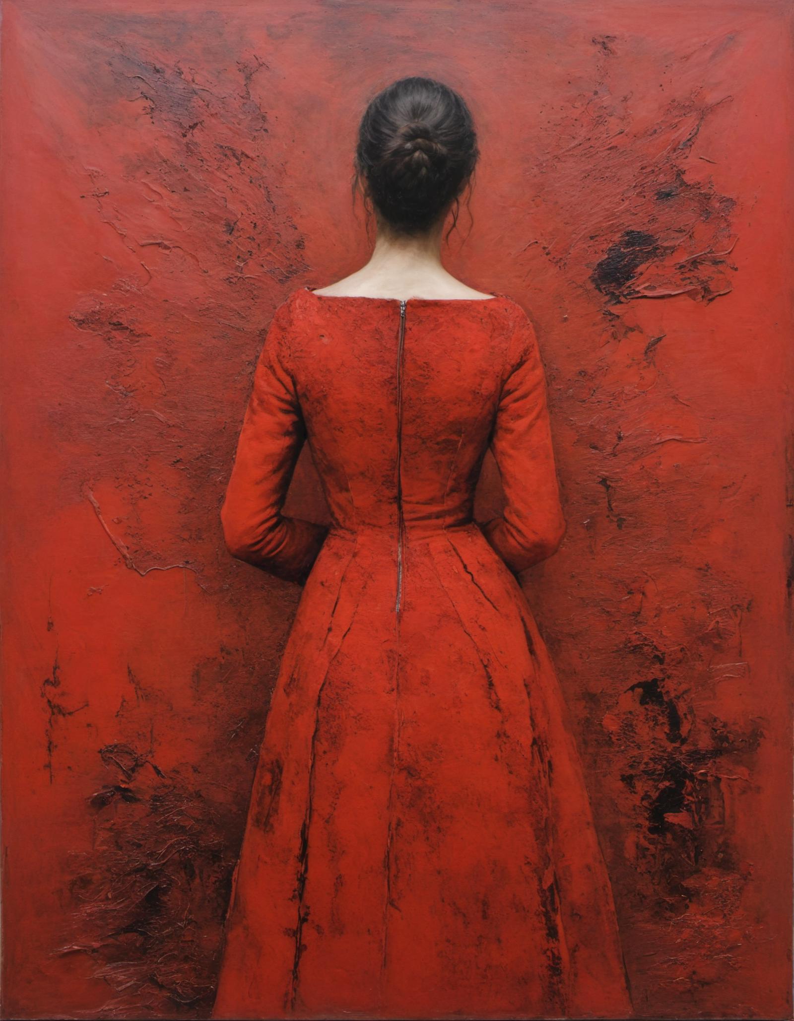 A woman wearing a red dress and bow in her hair standing in front of a red wall.