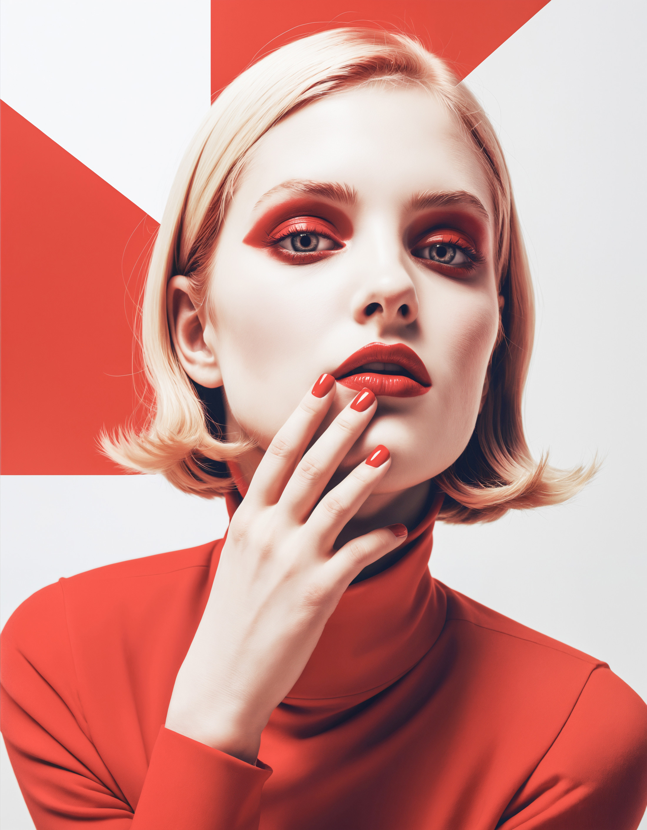 Guy Bourdin, red and white tones, Steven Klein, James Gilleard, bold lines, poster,