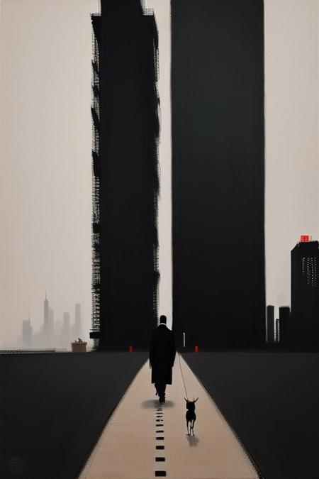 masterpiece,best quality,<lora:LB1:1.3>,liubai,minimalism,abstract,simple background,portrait, dark image, 1 gentleman, black coat, black cylinder, walks next to a large skyscraper, steampunk architecture
