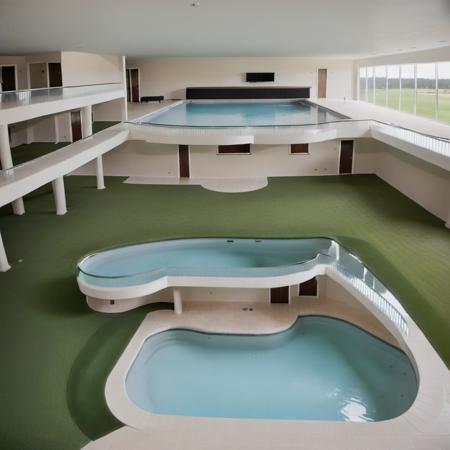 indoors, sofa, swimming pool, hot tub, mezzanine floor, grass, flourescent lights, water slide, stairs, (golf course:1.2), 
<lora:Liminal_Spaces_XL:1>