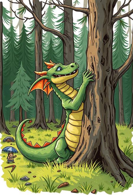 a chubby green dragon cutting a tree in the forest. Vivid colors, sketchy style
