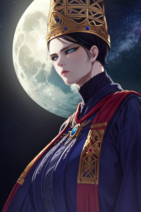 Rennala,short black hair,blue eyes,   standing, upperbody, sad expression,  
ReDres,jewelry,blue robe,long crown,long sleeves,
wide sleeves,
tall woman, 
lake,moon close-up,nighttime,stars,
dark dungeon,(insanely detailed, beautiful detailed face, masterpiece, detailed eyes, best quality),realistic, <lora:Rennala-10:0.8>