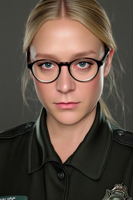woman with blond hair, ponytail, glasses, green police uniform, skin imperfections, realistic, serious expression,