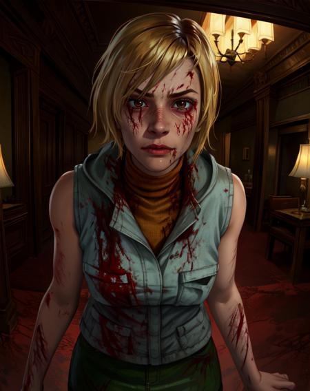 Cheryl,blonde hair,brown eyes,
vest,sleeveless,turtleneck,short skirt,
blood on clothes,
standing,serious,
(silent hill \(series\):0.6),hotel,
(insanely detailed, beautiful detailed face, masterpiece, best quality) cinematic lighting,<lora:Cheryl-10DBD:0.7>,