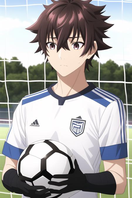 tenjou yuuya, 1boy, male focus, solo, brown hair, brown eyes, upper body, outdoors, black gloves, sportswear, blurry background, closed mouth, soccer ball, holding ball