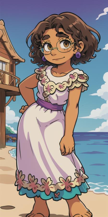 The Simpson Style,  <lora:The_Simpson_Style:1>, Female character, (brown skin:1.2), Curly hair, green glasses, brown eyes, light brown skin, white blouse with floral embroidery, purple and blue earrings, small nose, arched eyebrows, thin lips, slight smile, <lora:Mirabel_Madrigal:1>, ocean, sun, sand, daytime, blue sky,