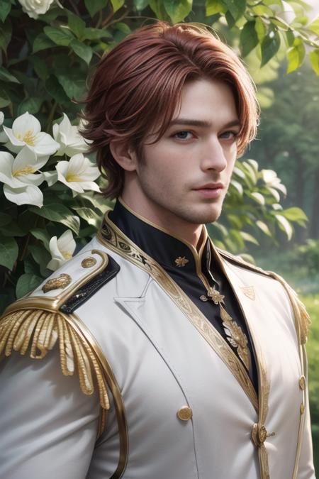 masterpiece, best quality, (absurdres, highres, ultra detailed), 1 male, adult, handsome, tall muscular guy, broad shoulders, finely detailed eyes and detailed face, red hair, green eyes, handsome, suit, fantasy, uniform, royal, Forest, flowers blooming brightly-bloomed flowers, Sunlight, Fantastic light and shadow, Scenery, portrait,<lora:add_detail:0.6>