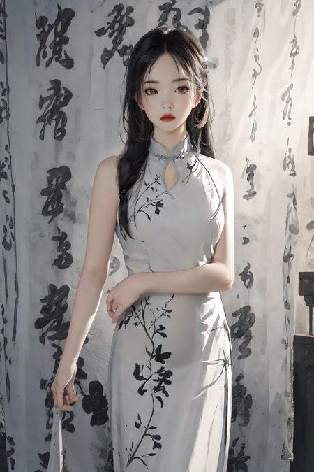 masterpiece,best quality, 1 girl, standing, white dress,  (black cheongsam), calligraphy_background <lora:Xinzhongshi_mo:0.8>
8k,,sexy,(realistic:1.1), (photorealistic:1.1), (masterpiece:1.1), (best quality:1.1), RAW photo, highres, ultra detailed, High detail RAW color phot