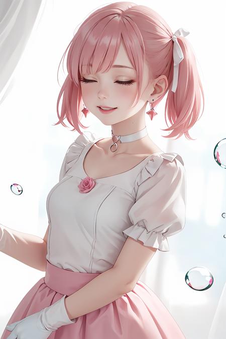 1girl,solo,breasts,short hair,skirt,simple background,gloves,white background,dress,bow,ribbon,jewelry,closed mouth,collarbone,closed eyes,hair ribbon,upper body,pink hair,short sleeves,earrings,small breasts,frills,parted lips,choker,puffy sleeves,shiny,white gloves,shiny hair,puffy short sleeves,eyelashes,sparkle,floating hair,rose,light smile,short twintails,frilled sleeves,light particles,backlighting,pink ribbon,light blush,v arms,arms at sides,pink theme,bubble skirt,pink choker,soul gem,kaname madoka,magical girl,<lora:lbc_xiaoyuan:-0.5>,