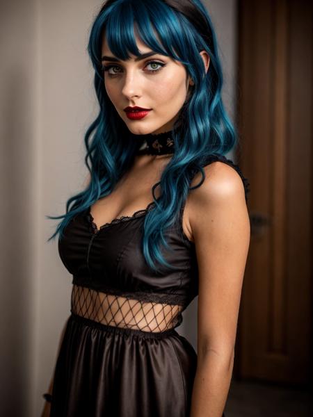a woman with blue hair and red lipstick, beautiful symmetrical eyes, sexy girl with dark brown hair, very beautiful goth top model, inspired by Olivia de Berardinis, short brown hair with bangs, cosplay on black harley queen, human realistic face, ellora, vanessa morgan, profile picture 1024px, vibrancy,