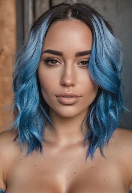 beautiful young woman portrait photo, blue hair, realistic very light freckles on face, light brown eyes, latina influencer, instagram model, very slightly rough skin, realistic portrait, realistic ambience light, light makeup, large breasts