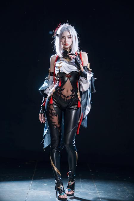 best quality, masterpiece, photorealistic, 1girl, solo, standing, arms at side, full body, looking at viewer, closed mouth, hair between eyes, expressionless, shenhe cosplay costume, cosplay, white hair, black bodysuit, breast curtain, shoulder cutout, partially fingerless gloves, hip vent, tassel, toeless footwear, simple background, <lora:genshin_Shenhe_cosplay_v1:0.7>