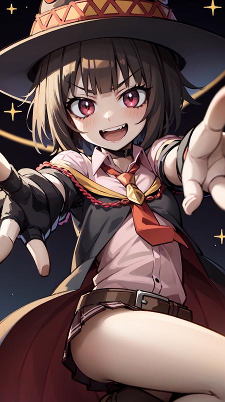 meguminschool, reaching towards viewer, sparkle, foreshortening, v-shaped eyebrows, blush, hand up, hat, looking at viewer, open mouth, outstretched arm,<lora:megumin_v3:0.9>