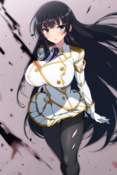 ikarugasenran, 1girl, solo, long hair,  white skirt, large breasts, black hair, gloves, very long hair, weapon, pantyhose, boots,  white gloves, uniform, blue eyes, black pantyhose, torn pantyhose,    <lora:Ikarugasenran_v1:1>, hi res, HD, anime, sharp, extremely coloured,