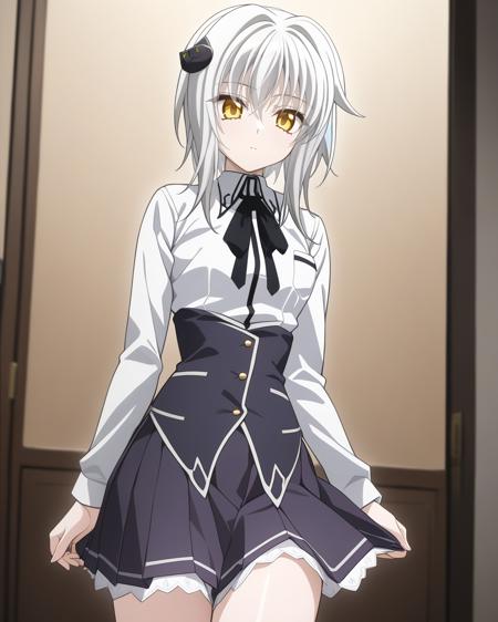 (koneko_tojou, hair ornament, white hair, short hair, yellow eyes, solo, cat hair ornament) (animal ears,cat ears,tail) school uniform