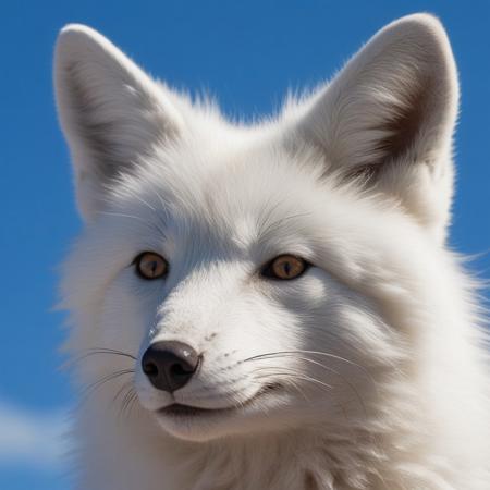 very realistic close-up photography of the head of a white arctix fox, blue sky background with cirrus clouds and slightly hidden sun