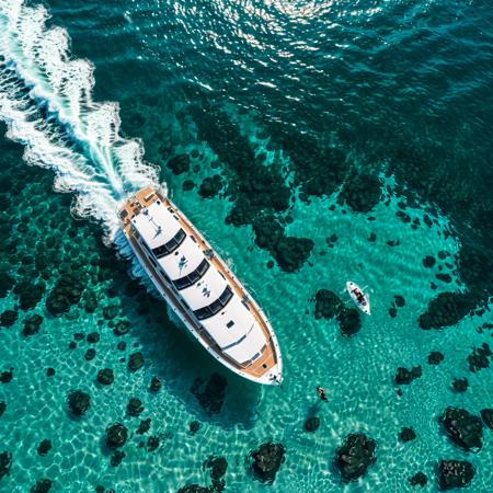 A yacht is floating on the sea, aerial view from a drone perspective, in a minimalist style, captured with high definition photography from a Sony A7c with an f/2 lens using natural lighting. 4k, 8k, high detailed, high quality, high resolution, The dark blue-green ocean background creates contrast between the light white color of the boat and black silhouette. One person is swimming in front of the yacht in the style of natural swimming<lora:xl_more_art-full_v1:0.5>