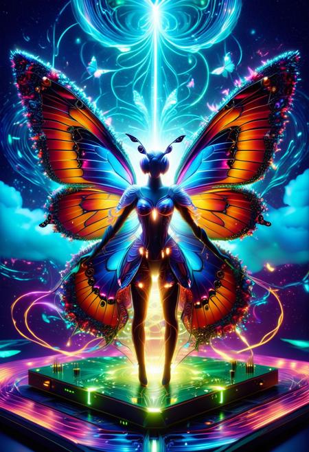 masterpiece, high quality, detailed Pointillism, ultra-high resolution, volumetric lighting, very aesthetic,, made of Circuit Board, wires, eletric componnents, surrealism,  A (antho butterfly tech wizard:1.5) dancing on a cloud Circuit Board, nostalgic ambiance, vibrant digital illustration, dark atmosphere, fantasy, mystic, butterfly Style, butterfly tech