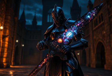 aidmaimageupgrader, ((they glow at night)), a high quality digital image of a woman knight wearing full heavy plate armour included helmet and face shield, the armour is as dark as eternity and seems to absorb light itself, the armour is stylised with sleek curves and a variety pf spikes on the shoulder pads and gauntlets, she is holding a greatsword, the greatsword is black as night and the blade is made of an intricately detailed galaxy, within the galaxy we see a variety of stars, nebulae and galactic dust detailed in bright and vivid colours, she is standing in a castle courtyard at midnight, they glow at night,
