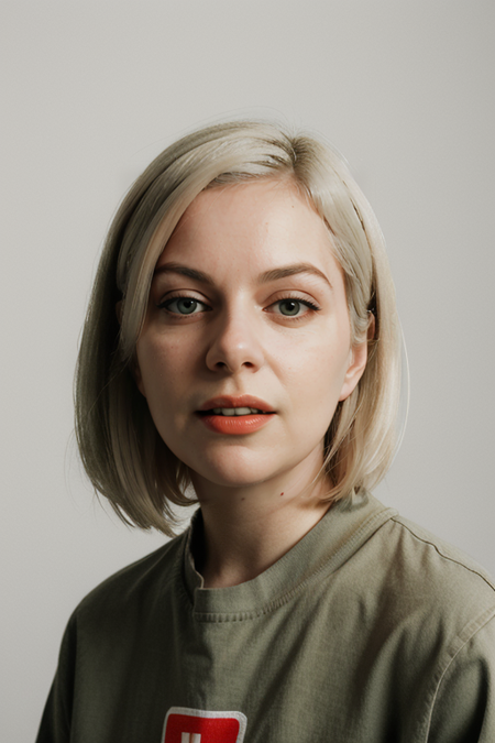 MollyRankin, photography by ((Mick Rock:1.3)), portrait, (red lipstick), smile:1.7, tucked-in t-shirt, khaki shorts