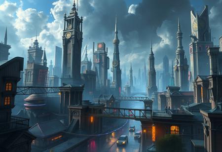 A highly detailed, photorealistic image of an urban fantasy style cityscape