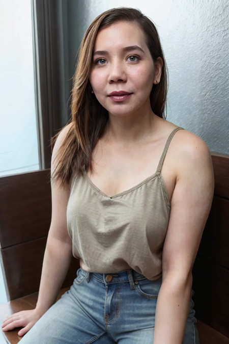 a photo of a 1girl,Vherna-500, half  body shot, wearing  jeans and tank top , natural eyes, natural hands, detailed, posing in a coffee bar
 <lora:Hand v3 SD1.5:0.75> <lora:polyhedron_all_eyes:0.35>