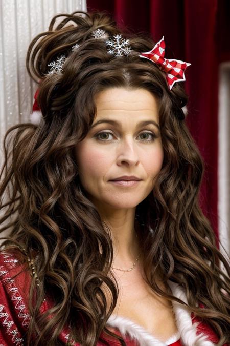 mrs santa claus, santas grotto, north pole, elves, snowmen, candy canes, snow, icicles, <lora:Helena_Bonham_Carter:1> 1girl, solo, a mature 40 year old hb1873c, brown hair, wavy,messy,up do, hair, masterpiece,best quality, detailed face
