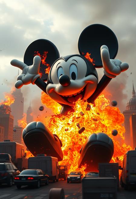 An epic move still, highly detailed, Giant Mickey Mouse destroying the city, breathing fire, crushing cars, eating people, gleeful, happy, evil, pure evil