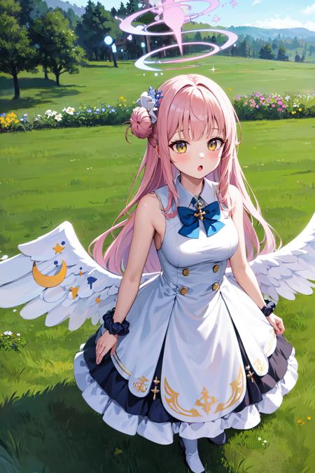 aamika, halo, long hair, hair flower, angel wings, white wings, low wings, crescent, capelet, blue bow, frills, white dress, wrist scrunchie, white pantyhose bbmika, halo, double bun, hair flower, sidelocks, angel wings, white wings, low wings, crescent, track jacket, black jacket, long sleeves, short shorts ccmika, halo, long hair, ponytail, sidelocks, angel wings, white wings, low wings, bare shoulders, cleavage, black one-piece swimsuit