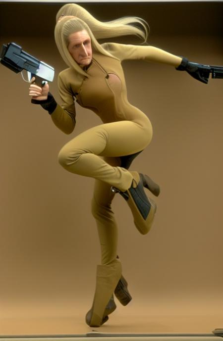 <lora:odo-Lora:0.75> a photo of odo with long blonde hair in a ponytail wearing a skin-tight suit and (large breasts:1.2) and holding a gun and looking down