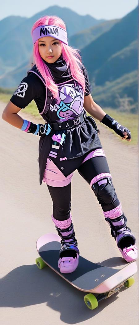 A beautiful Glam Metal girl, wearing Kawaii ninja outfit with pastel accents, (Mountain Boarding:1.3) UHD, 4k, cinematic